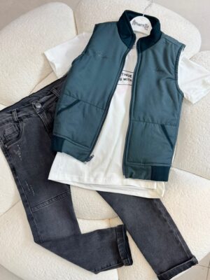 Que nota conjunto niño 3 prendas chaleco acolchado camisa y pantalon jean